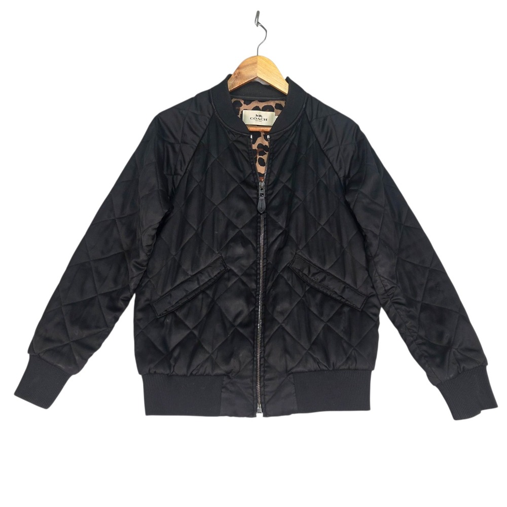 Coach Quilted Bomber Jacket Womens S‎ Black Leopard Print Lining Baggy Oversized